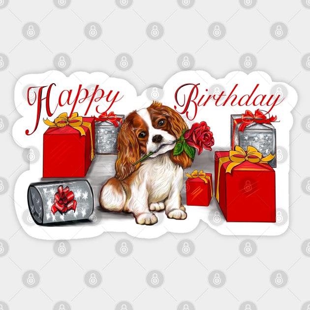 Happy birthday Cavoodle puppy dog with rose in its mouth surrounded by gifts. Cavapoo birthday Cavalier King Charles Spaniel Sticker TeePublic
